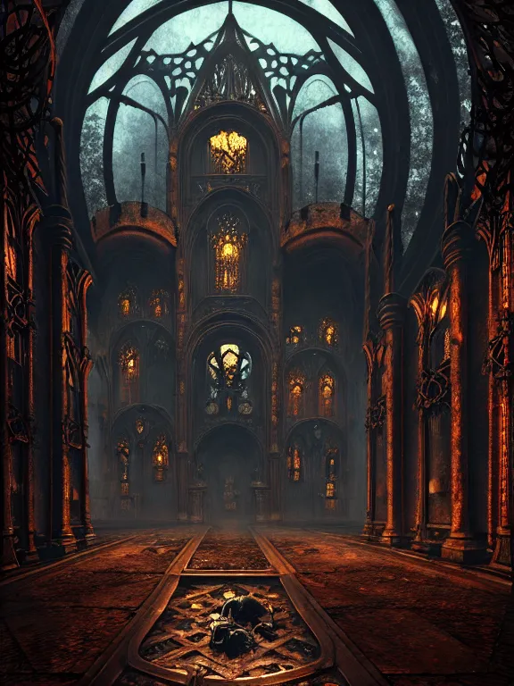 Image similar to steam necropolis, memento mori, gothic, neo - gothic, art nouveau, hyperdetailed copper patina medieval icon, stefan morrell, philippe druillet, ralph mcquarrie, concept art, steampunk, unreal engine, detailed intricate environment, octane render, moody atmospherics, volumetric lighting, ultrasharp, ominous, otherworldly