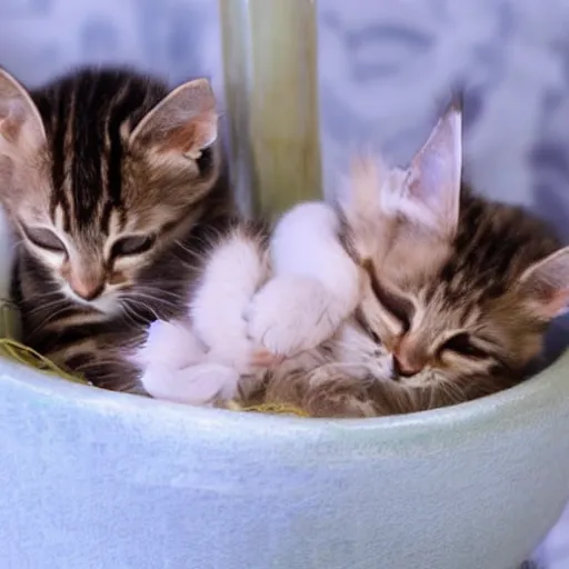 Image similar to two kittens sleeping in a basket, happy, cute