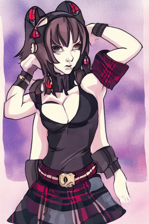 Image similar to Beautiful art in the style of haganef of a female space pirate wearing a tartan miniskirt and cat ears.