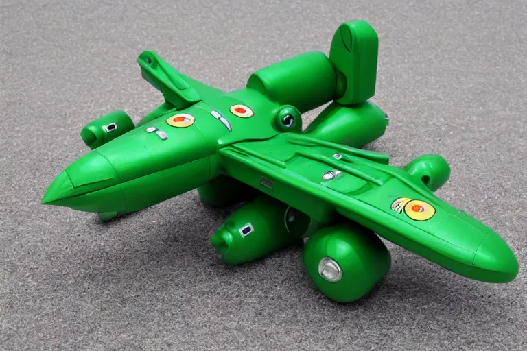 Prompt: Thunderbird 2 green spacecraft, side view, in the style of Supermarionation