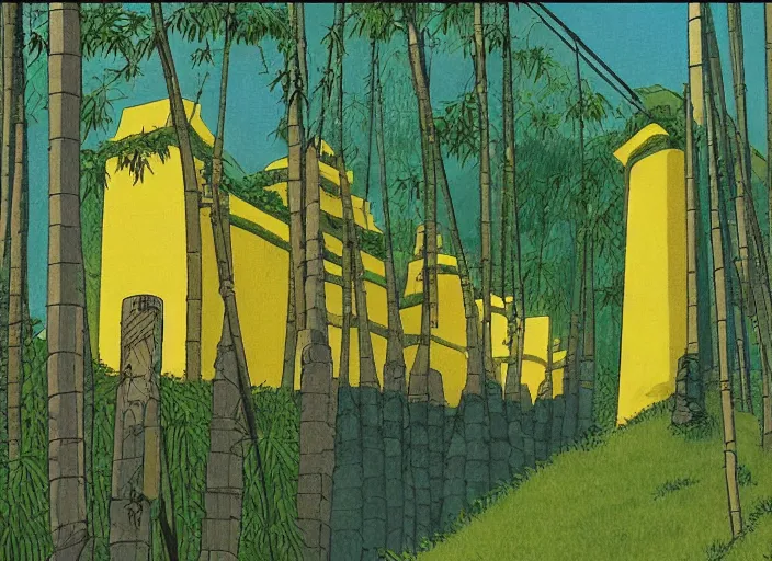 Image similar to japanese yellow fortress in a city inside the bamboo forest by studio ghibli painting