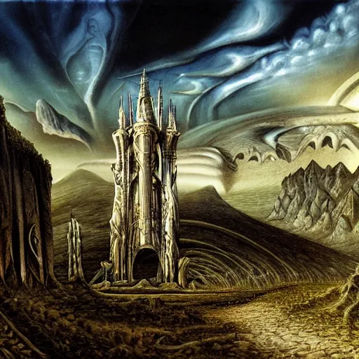 Prompt: a building in a stunning landscape by by H R Giger