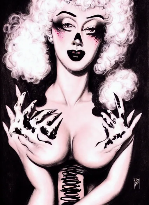 Image similar to portrait of a goth girl burlesque psychobilly punk, detailed face, white background, drawing, 4 k, illustration by frank frazetta