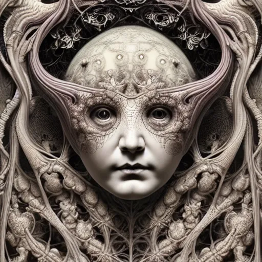 Image similar to detailed realistic beautiful porcelain calaveras face goddess portrait by jean delville, gustave dore, iris van herpen and marco mazzoni, art forms of nature by ernst haeckel, art nouveau, symbolist, visionary, gothic, neo - gothic, pre - raphaelite, fractal lace, intricate alien botanical biodiversity, surreality, hyperdetailed ultrasharp octane render