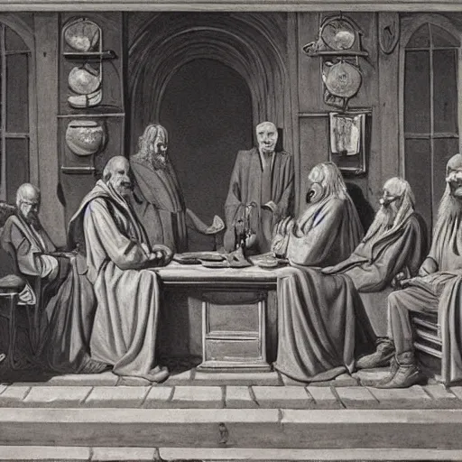 Prompt: a council of elders deliberating, fantasy art, robed, historical, highly realistic, highly detailed