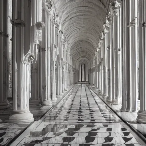 Image similar to interior of a white marble labyrinth in ornate renaissance style carving. symmetry columns, architectural photograph, sharp focus