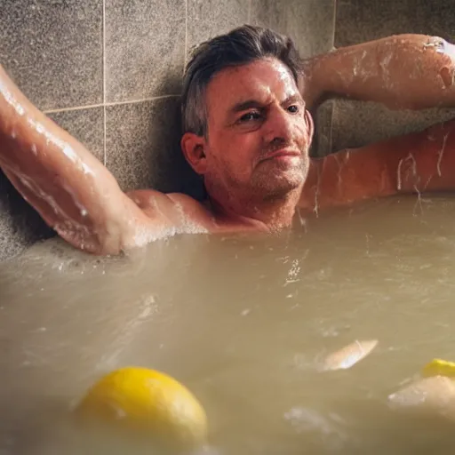 Image similar to a man in a bathtub bathing in lemons, Realism, HDR, Stock Photo, Ultra Lighting