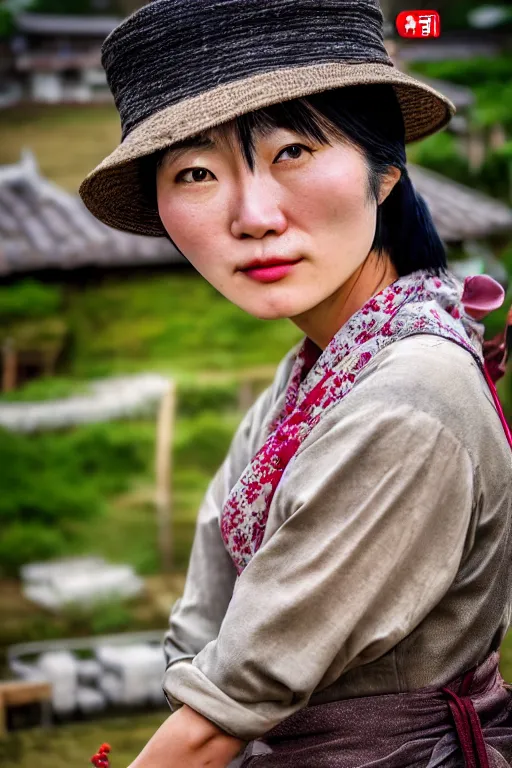 Image similar to japanesse farmer, cinematic view, bokeh, extreme detailed, vogue photo style, proportional, dynamic composition, face features, comfort posse, smooth, sharp focus, body features, ultra realistic, award winning photo, captured by nikon d 8 5 0, 4 5. 7 mp lens, 4 k, full body.