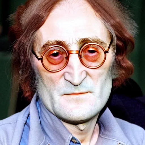 Image similar to A colored colorized real photograph of old John Lennon as an old man in his eighties with short hair in the 2010s, Old John Lennon, taken in the early 2020s, taken on a 2010s Camera, realistic, hyperrealistic, very realistic, very very realistic, highly detailed, very detailed, extremely detailed, detailed, digital art, trending on artstation, headshot and bodyshot, detailed face, very detailed face, very detailed face, real, real world, in real life, realism, HD Quality, 8k resolution, intricate details, colorized photograph, colorized photo, John Lennon as an old man with short hair, old, old man