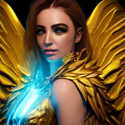 Prompt: hyper realistic photo portrait of beautiful egyptian goddess with wings and gold armor, cyberpunk, glow fluo, 8 k, octane render, sci - fi backgroud, detailled, spiritual inspiration