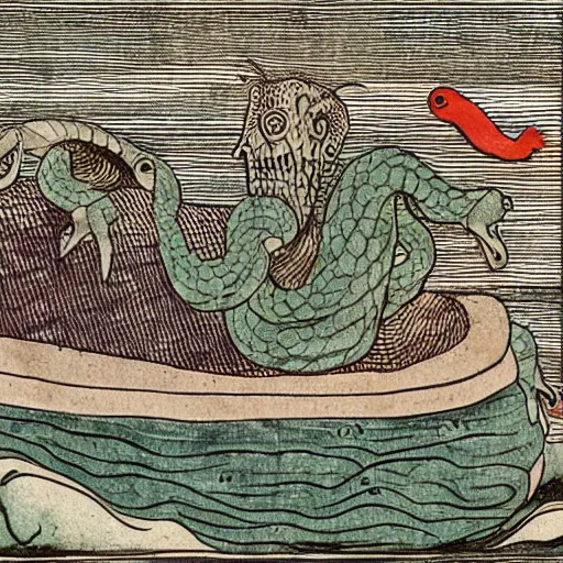 Prompt: Jormungandr fished from the ocean with ox head bait, icelandic manuscript illustration