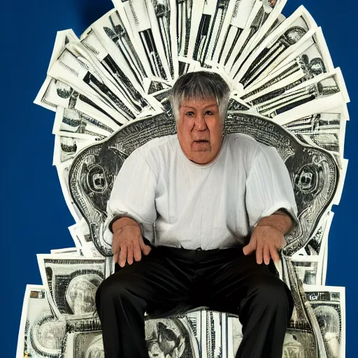 Prompt: a greedy man, sitting on a throne of money, studio photography, 3 5 mm lens, 8 k