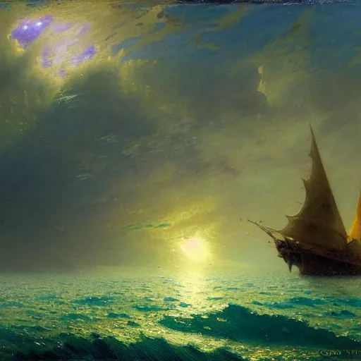 Image similar to point of view of deep in the ocean looking up, you see fishes, higher up you see very clearly the milk way illuminating the sea down bellow, night time. highly detailed painting by gaston bussiere, greg rutkowski 8 k