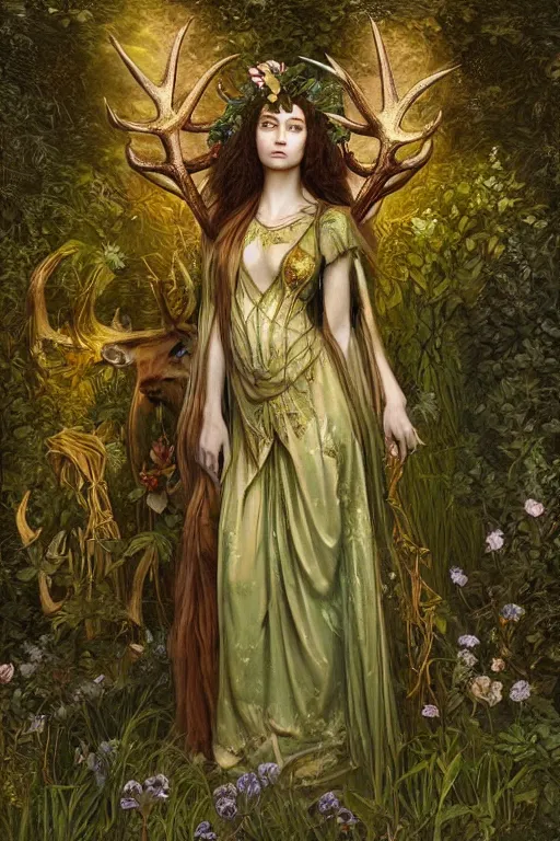 Prompt: beautiful antlered priestess of the forest in a garden | pre-Raphaelites | green and gold silk brocade| floral embroidery |dramatic lighting | Evelyn De Morgan and John Waterhouse |unreal engine