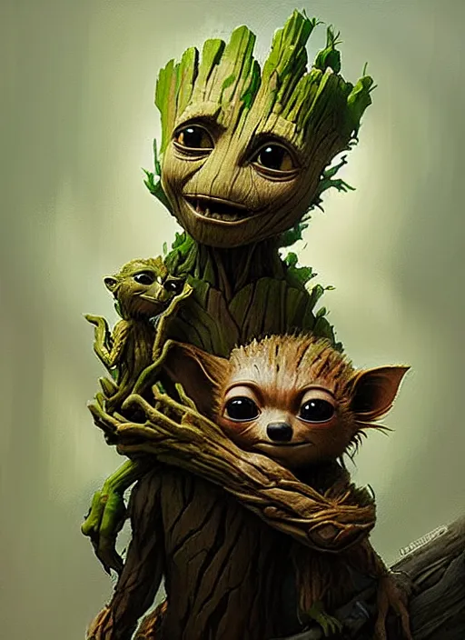 Image similar to very detailed masterpiece painting of groot holding yoda, portrait, artstation, concept art by greg rutkowski