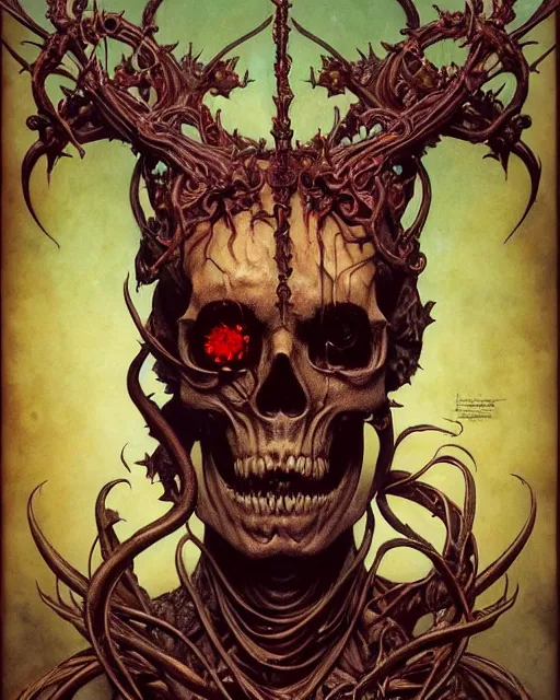 Prompt: perfectly centered portrait front view of a angry dead rotten beautiful daemon skull growing ornamentation all around, ornate, ornaments, detailed, symmetrical, elegant, beautifully soft lit, by wayne barlowe, peter mohrbacher, kelly mckernan, alphonse mucha