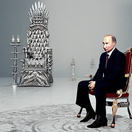 Image similar to “Putin sitting on the iron throne, 4k, award winning, Photograph”