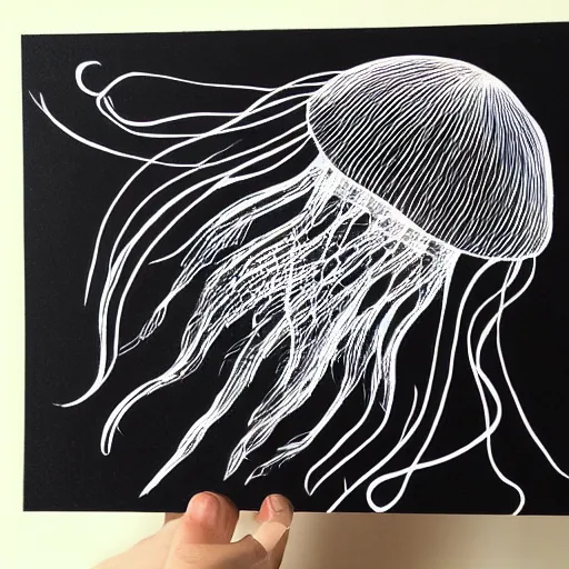 Prompt: a beautiful painted jellyfish on black paper