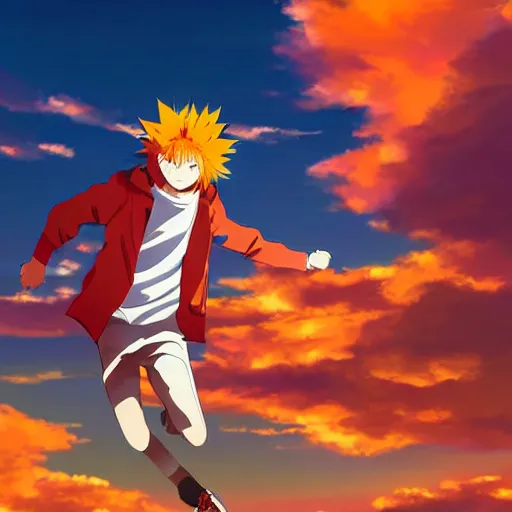 Image similar to orange - haired anime boy, 1 7 - year - old anime boy with wild spiky hair, wearing red jacket, flying through sky, ultra - high jump, late evening, blue hour, cirrus clouds, pearly sky, ultra - realistic, sharp details, subsurface scattering, blue sunshine, intricate details, hd anime, 2 0 1 9 anime