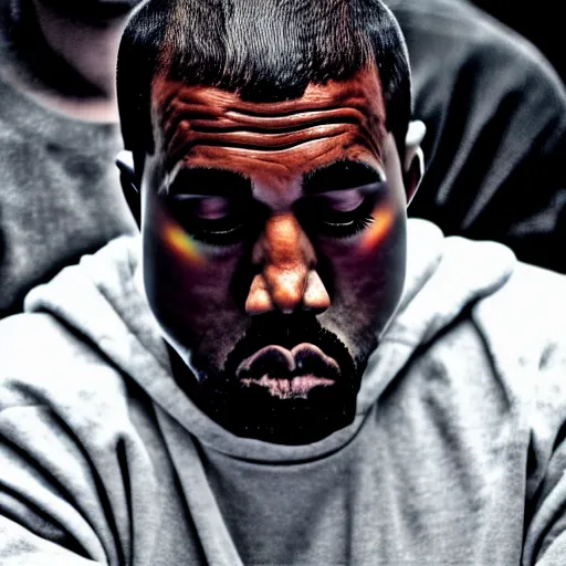 Prompt: dslr photo still of sad kanye west sitting on a park bench with a tear on his cheek, 8 k, 1 1 0 mm f 1 6