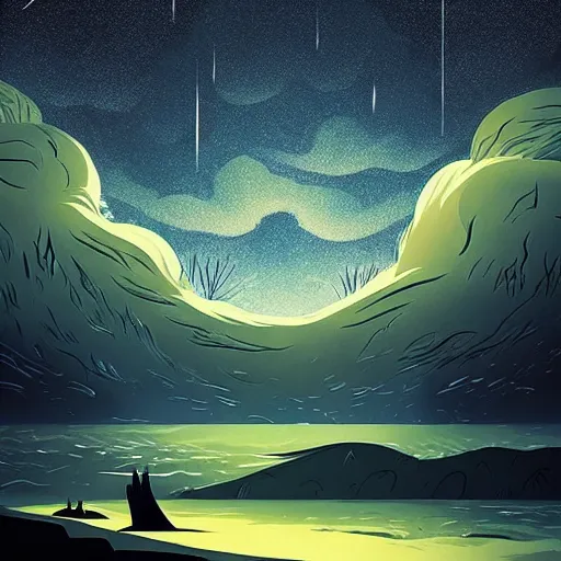 Image similar to sea under starry sky, animated film, stylised, illustration,, fantasy art, 2 d game art, by eyvind earle, scott wills, genndy tartakovski, roman shipunov, etienne hebinger, atey ghailan, cgsociety, cynical realism