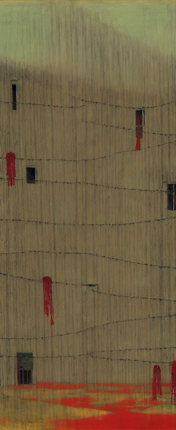 Image similar to a chinese prison near a river by peter doig, muted colors