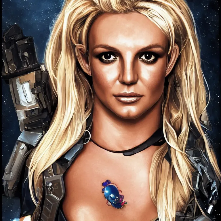 Prompt: A portrait of Britney Spears as space pirate mercenary, highly detailed, trending on artstation, award winning,