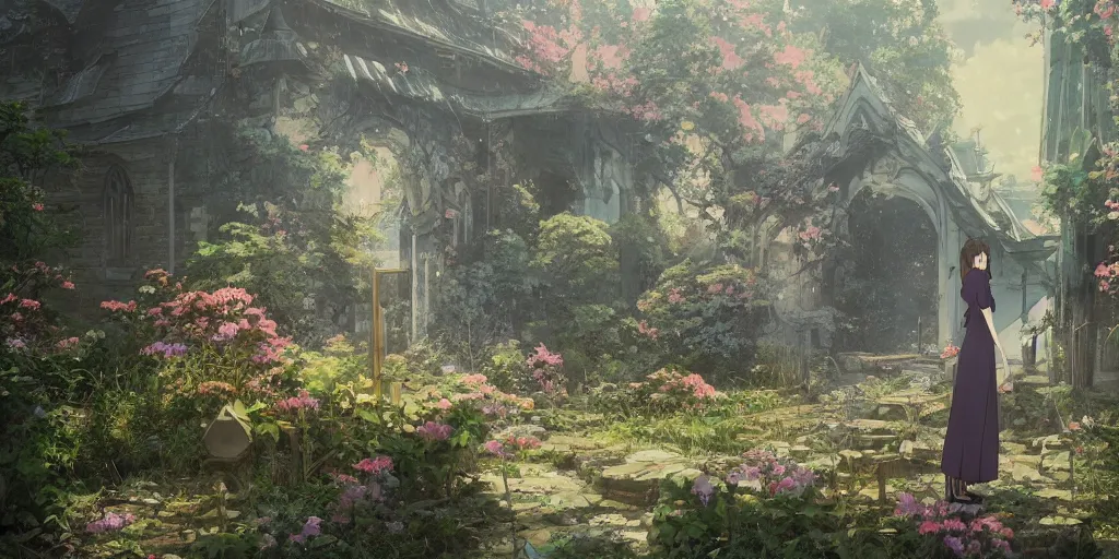 Image similar to anime kyoto animation key by greg rutkowski, violet evergarden in abandoned chapel with overgrown flowers and plants