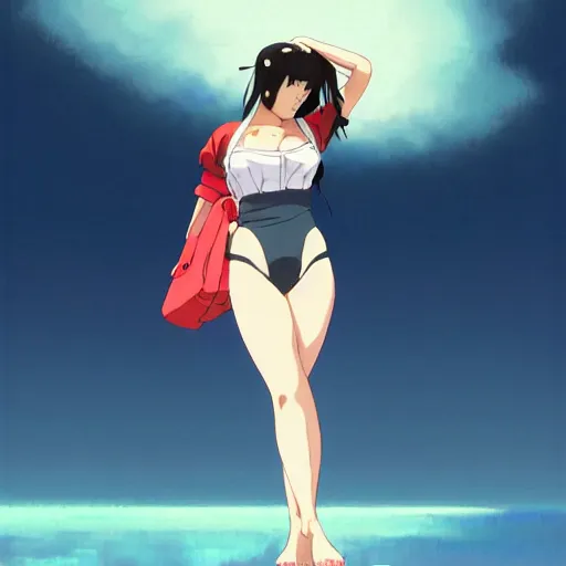 Image similar to a beautiful plus sized model japanese natalie portman, alluring plus sized model, wearing mayan leotard with elegant mayan apron overalls, street fashion hip hop style with mayan patterns, aztec street fashion, gapmoe yandere grimdark, trending on pixiv fanbox, painted by greg rutkowski makoto shinkai takashi takeuchi studio ghibli, akihiko yoshida