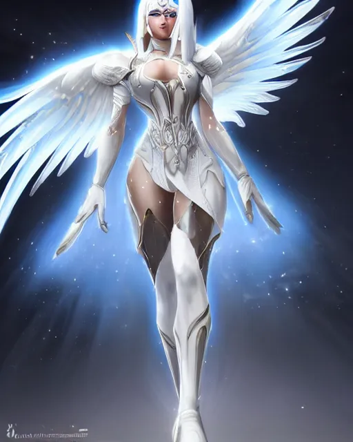 Image similar to perfect white haired attractive egyptian goddess with huge white dove wings, warframe armor, beautiful, symmetric, dreamy, half asian, pretty face, blue eyes, detailed, scifi platform, laboratory, experiment, 4 k, ultra realistic, epic lighting, android body, illuminated, cinematic, masterpiece, art by akihito tsukushi, voidstar