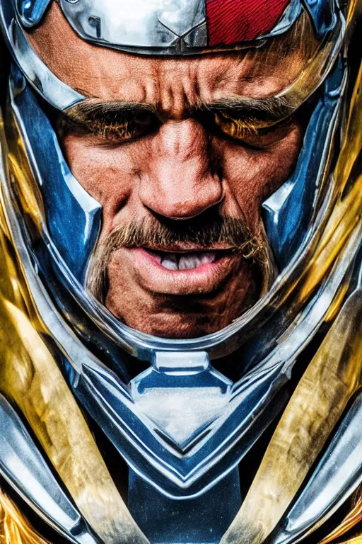 Prompt: realistic detailed photo hulk hogan as of man of steel, blue eyes, woven armour with glass dome helmet, intricate complexity, Behance, golden ratio, fibanci background, vray, rich deep colors