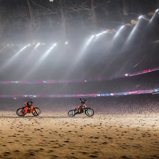 Prompt: photo, inside a brtualist dystopian futuristic race track, men riding on the backs of giant mutant ducks across a sand racetrack in a pit below a massive crowd of rowdy fans, moody and brutal, dramatic lighting, volumetric fog and haze, light beams, violent, 4 k, ultra - detailed, beautiful