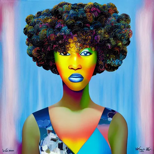 Image similar to the abstract painting of an afro lady artistic flat illustration by larry klewchuk, surrealism