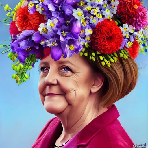 Prompt: a portrait of Angela Merkel with flowers grow out of hair, roses peonies forget-me-nots dahlias lupins gladioli, sky theme in background, by Alexandr Averin, Digital Art, Trending on artstation