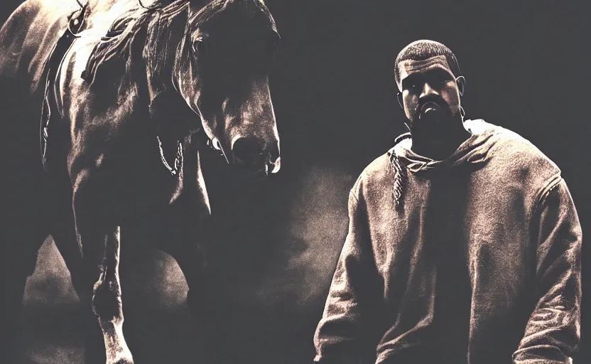 Prompt: found footage of kanye west riding a horse to heaven, in liminal space, cyberpunk, film grain, dark lighting, realistic, photgraph, silent hill style, detailed cinematic lighting