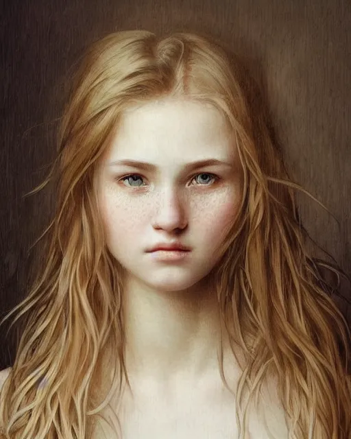 Image similar to portrait of 1 6 - year - old woman with dirty blonde hair down to her waist, pale eyebrows and protuberant silver eyes, wearing white shirt, hyper realistic face, beautiful eyes, fantasy art, in the style of greg rutkowski, intricate, alphonse mucha, hyper detailed, smooth