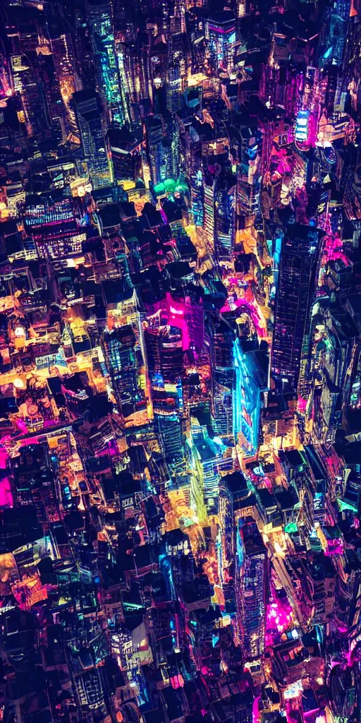 Image similar to cyberpunk city at night,drone shot, night clubs and neons, rain, girl under lantern