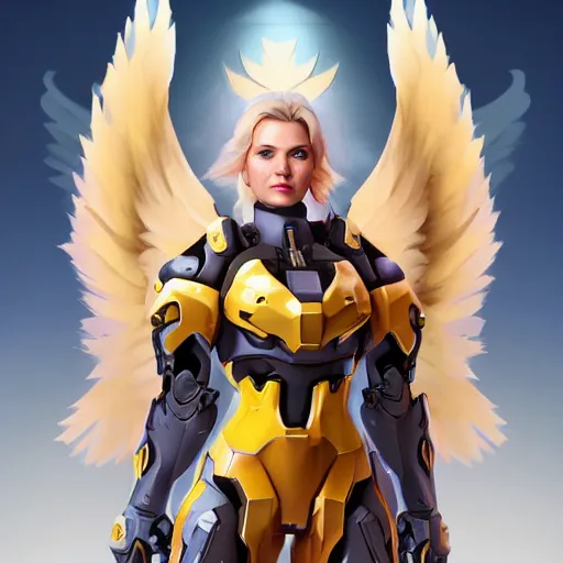 Image similar to a screenshot of arnold schwarzenegger as mercy in overwatch, angel wings, halo, portrait, fantasy, beautiful face, vivid colors, elegant, concept art, sharp focus, digital art, hyper - realistic, 4 k, unreal engine, highly detailed, hd, dramatic lighting by brom, trending on artstation