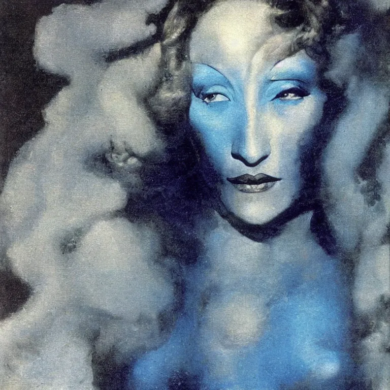 Prompt: A painting of Marlene Dietrich. By l Greco, Remedios Varo, Salvador Dali, Carl Gustav Carus, John Atkinson Grimshaw. Blue tint.