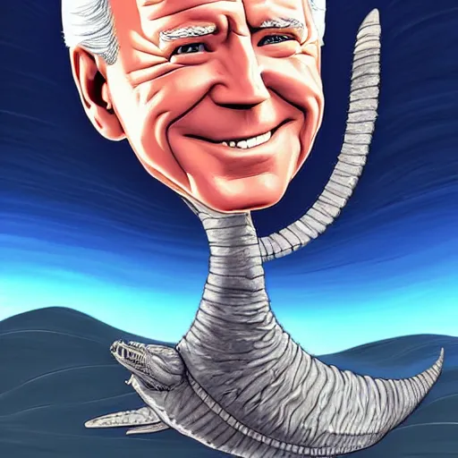 Prompt: cartoon joe biden's face a dune sandworm body shai-hulud cover art dune; photorealistic cgi movie poster style, artstation, Mihai, sandworm, shai-hulud