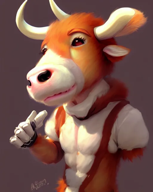 Image similar to character concept art of a cute young male anthropomorphic furry cow | | cute - fine - face, pretty face, key visual, realistic shaded perfect face, fine details by stanley artgerm lau, wlop, rossdraws, james jean, andrei riabovitchev, marc simonetti, and sakimichan, trending on artstation