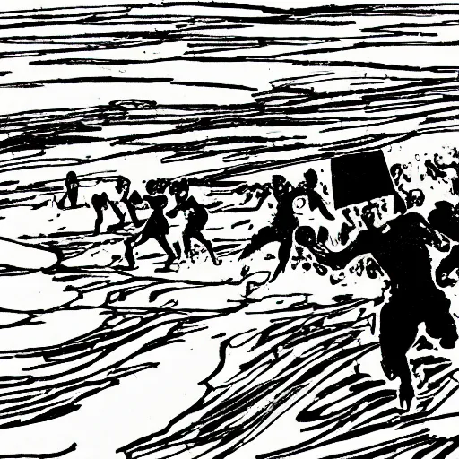 Prompt: kirby storms normandy beach on d day black and white coloring