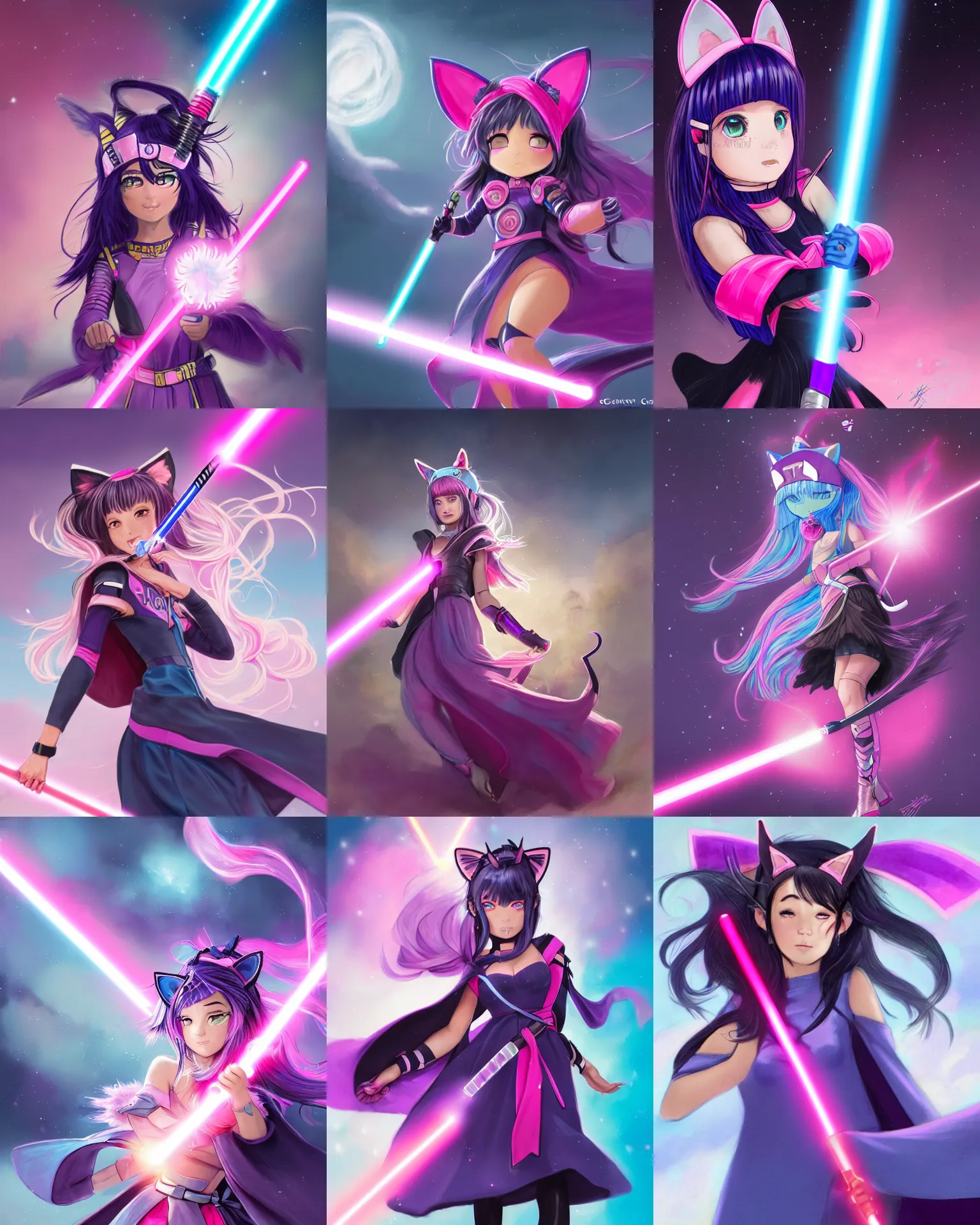 Prompt: girl warrior with cat ears with a pink blue lightsaber and long black hair and a beautiful purple red pink blue dress with a velvet cape and light blue head visor and black baggy pants, tail, tornado, windy, magnificent, medium shot, close up, details, sharp focus, elegant, highly detailed, illustration, by Jordan Grimmer and greg rutkowski and PiNe(パイネ) and 薯子Imoko and 香川悠作 and wlop and maya takamura, intricate, beautiful, Trending artstation, pixiv, digital Art