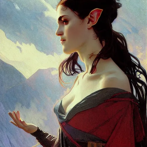 Image similar to Digital portrait of a pretty half-elf half-vampire young woman. Her eyes have red irises and vertical pupils. Art by Greg Rutkowski and Alphonse Mucha