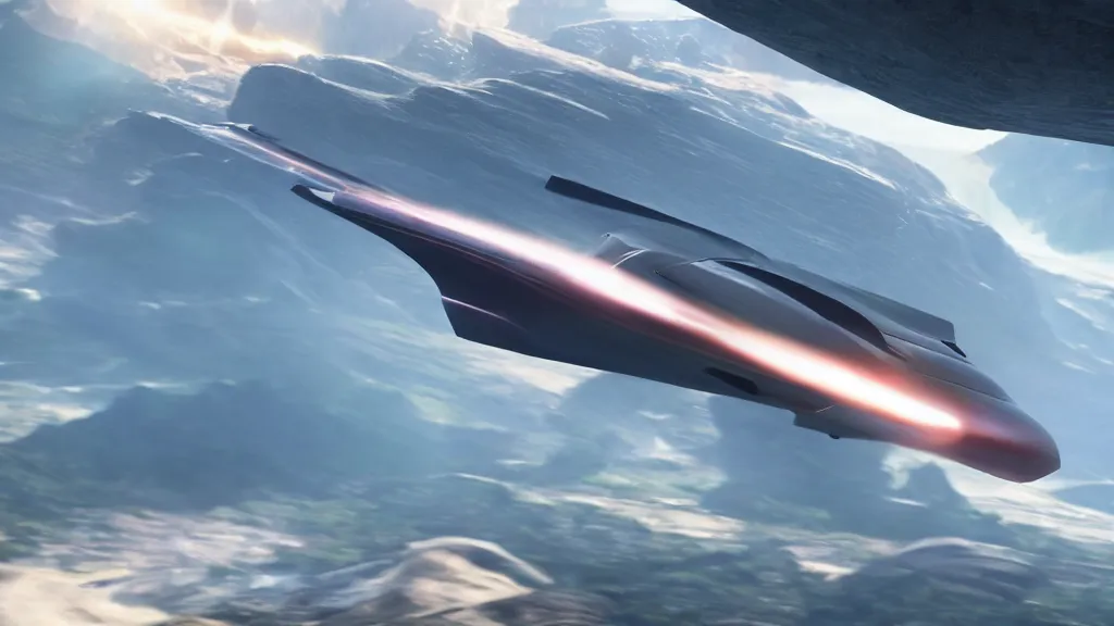 Prompt: Futuristic spaceship flying on supersonic speed above grassy valley with gorgeous mountain range in the background, overhead view, cinematic, dramatic volumetric lighting, epic composition, 8K Ultra HD, high detail, Octane render