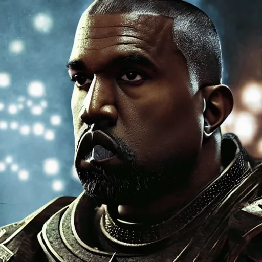 Prompt: Kanye West as the emperor of humanity from warhammer 40k in Gears of War, splash art, movie still, cinematic lighting, detailed face, face, dramatic, octane render, long lens, shallow depth of field, bokeh, anamorphic lens flare, 8k, hyper detailed, 35mm film grain