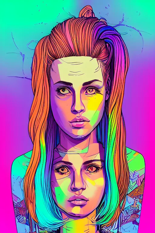 Image similar to a award winning half body portrait of a beautiful woman with stunning eyes in a printed croptop and cargo pants with rainbow colored ombre hairstyle head in motion and hair flying by josan gonzales, outrun, vaporware, shaded flat illustration, digital art, trending on artstation, highly detailed, fine detail, intricate