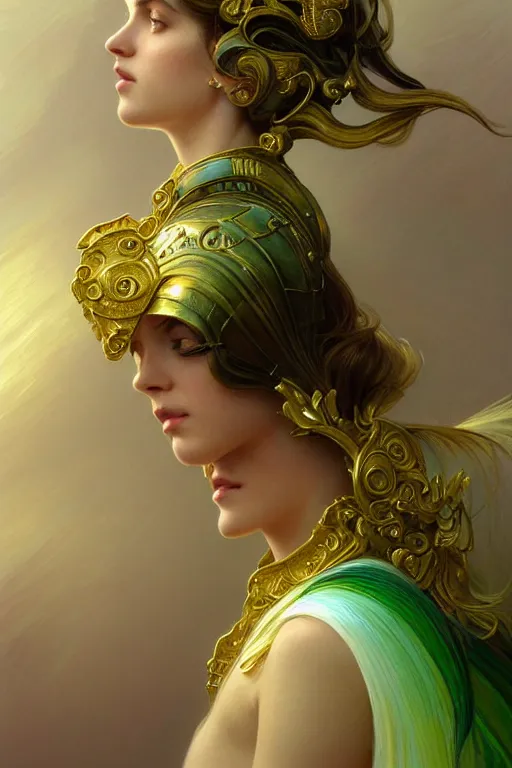 Image similar to portrait of athena , fantasy, gradient white green gold, dreamy and ethereal, green eyes, golden ratio, peaceful expression, ornate frilly dress, fantasy, intricate, elegant, golden clouds, highly detailed, digital painting, artstation, concept art, smooth,b sharp focus, illustration, art by artgerm and greg rutkowski and alphonse mucha