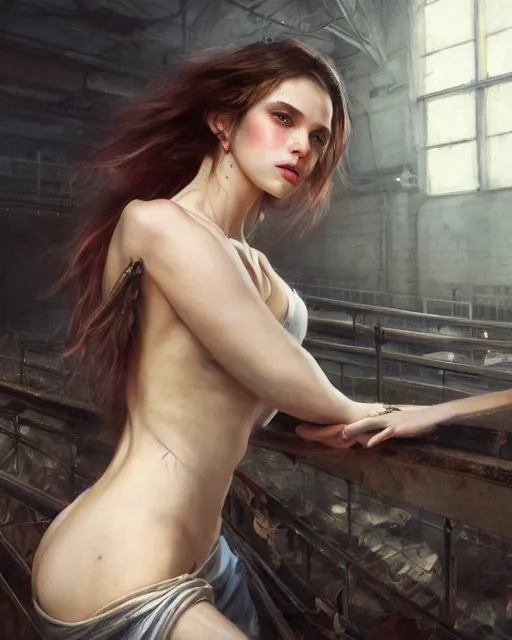 Image similar to daniel gerhartz and artgerm detailed portrait digital rococo painting of a beautiful woman wearing streetwear clothing, abandoned warehouse interior in the background, unreal engine, hyper realism, realistic shading, cinematic composition, realistic render, octane render, detailed textures, photorealistic, ultrawide shot, 3 5 mm film