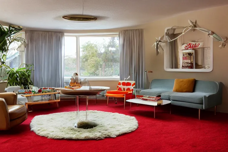 Prompt: a flying saucer hovering in the middle of a retro 1970s living room with shag carpet and vintage decor